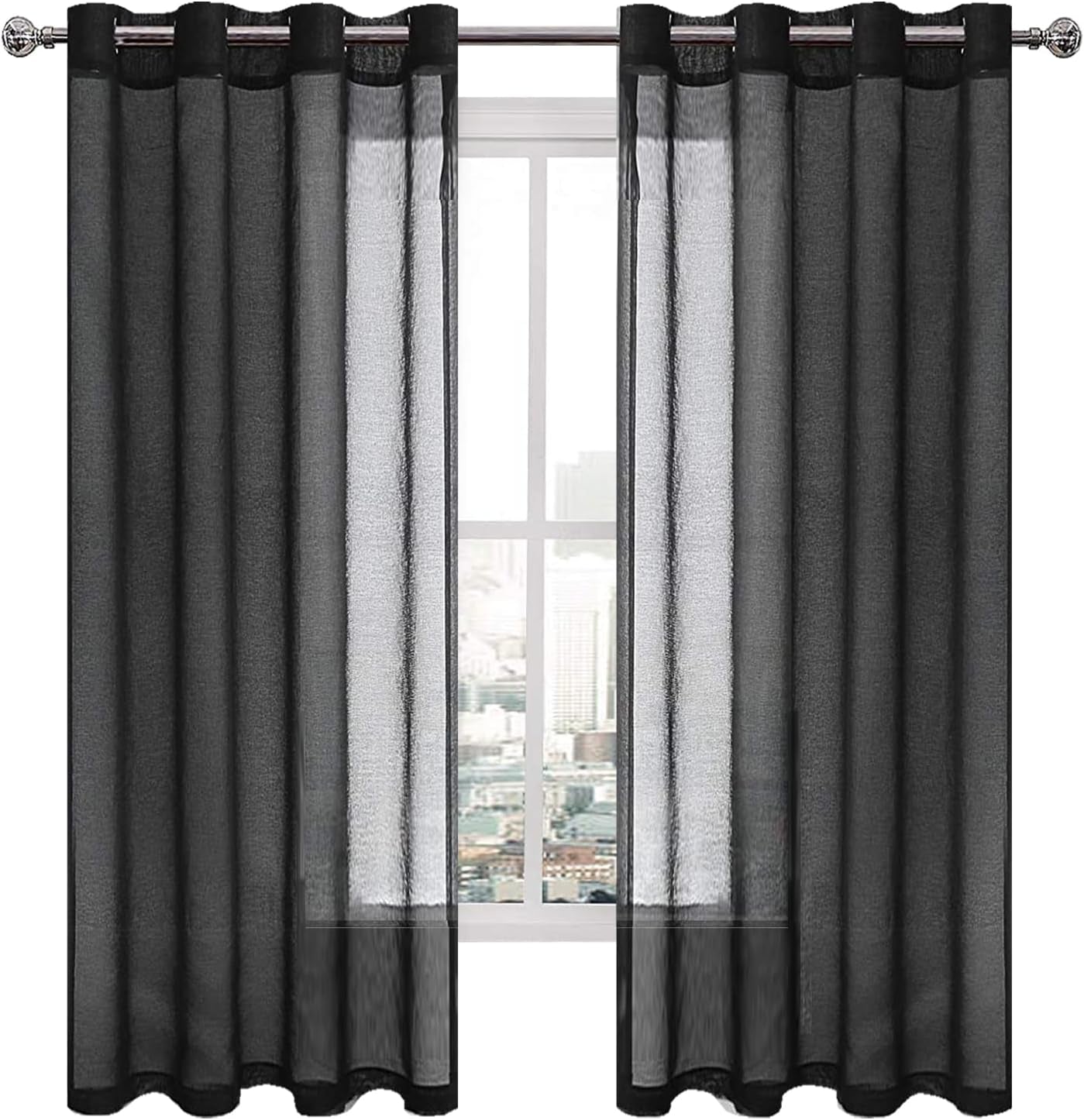 Sheer Curtains Faux Linen Grommet Window Curtain Voile Sheer Drapes for Living Room and Funeral/Gothic Wedding Set of 2 Panels 52 X 72 Inch Long, Black