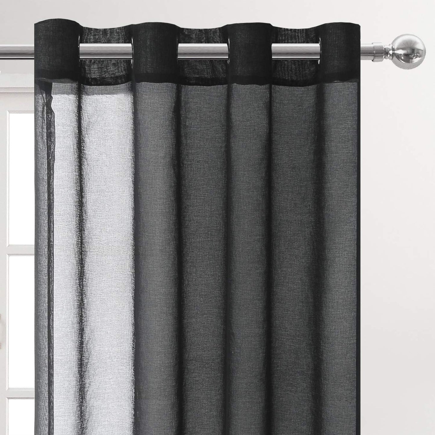 Sheer Curtains Faux Linen Grommet Window Curtain Voile Sheer Drapes for Living Room and Funeral/Gothic Wedding Set of 2 Panels 52 X 72 Inch Long, Black