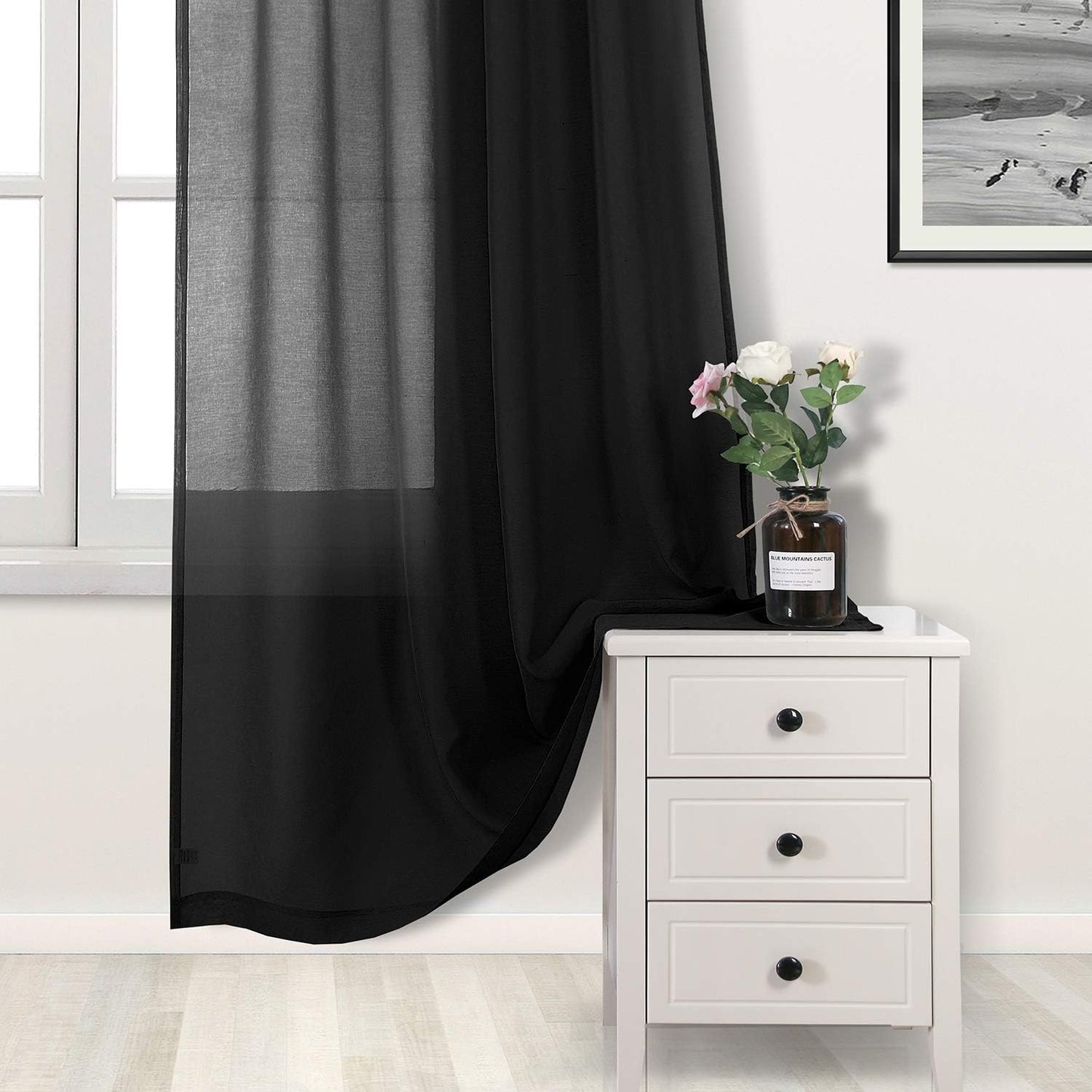 Sheer Curtains Faux Linen Grommet Window Curtain Voile Sheer Drapes for Living Room and Funeral/Gothic Wedding Set of 2 Panels 52 X 72 Inch Long, Black