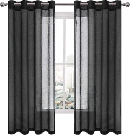 Sheer Curtains Faux Linen Grommet Window Curtain Voile Sheer Drapes for Living Room and Funeral/Gothic Wedding Set of 2 Panels 52 X 72 Inch Long, Black