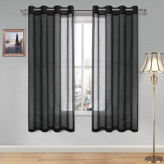 Sheer Curtains Faux Linen Grommet Window Curtain Voile Sheer Drapes for Living Room and Funeral/Gothic Wedding Set of 2 Panels 52 X 72 Inch Long, Black